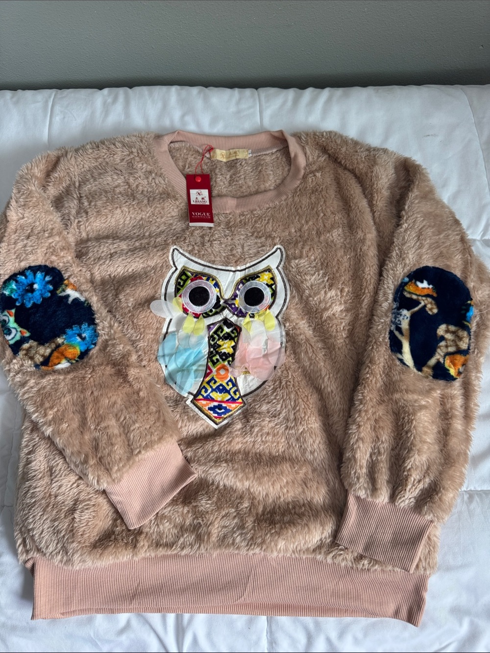 Vogue Blush Fuzzy Crewneck Sweater with Colorful Owl Applique